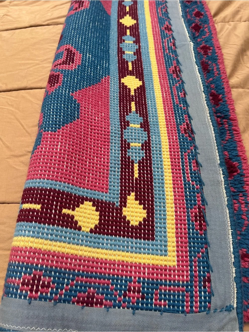 Vintage Handmade Latch Hook Rug Boho Look Fuchsia and Teal